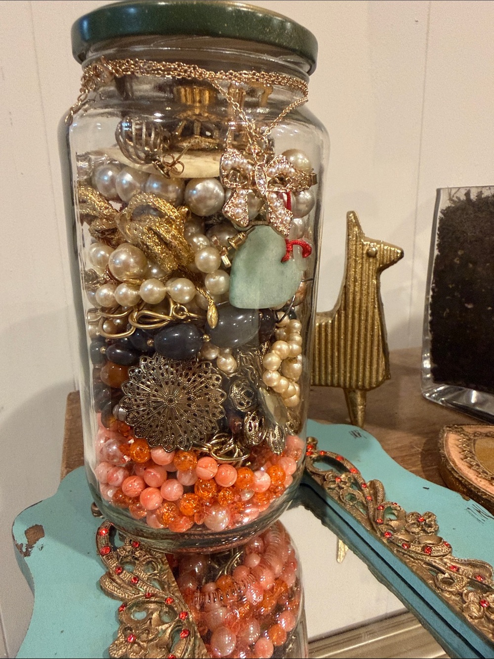 Big heart Vintage Beauty Mystery jewelry jar - Large w/bows too